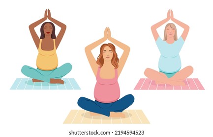 Pregnant women meditating. illustration in flat  style. Concept illustration for prenatal yoga, meditation, relax,  healthy lifestyle.