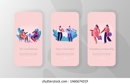 Pregnant Women Meeting Mobile App Page Onboard Screen Set,  Girl Pregnancy Characters, Meet in Cafe, Shopping, Buying Baby Clothes, Concept for Website or Web Page, Cartoon Flat Vector Illustration