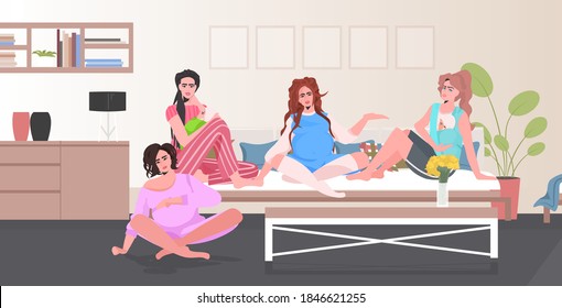 pregnant women and mothers with children discussing during meeting girls sitting together pregnancy motherhood concept bedroom interior full length horizontal vector illustration