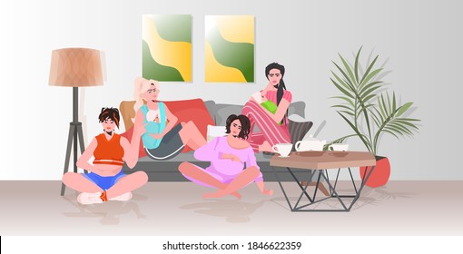 pregnant women and mothers with children discussing during meeting girls sitting together pregnancy motherhood concept full length horizontal vector illustration