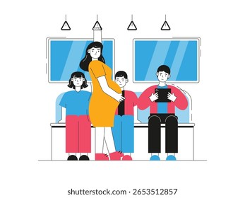 Pregnant women are not allowed to sit on the bus because it is full of passengers. Character design. Flat vector illustration.