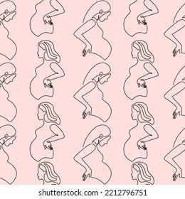 Pregnant women one line seamless pattern. Vector One line abstract illustration of pregnant woman.