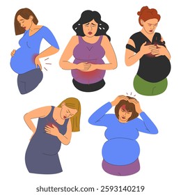 Pregnant women in pain set vector isolated. Female character experiencing painful symptoms during pregnancy. Concept of maternity, sick woman suffering. Stomachache, pain in back, migraine.