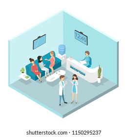 Pregnant Women Or Patients In Waiting Room. Gynecology Hospital Reception Interior. Doctor Having A Break. Isolated Isometric Vector Illustration