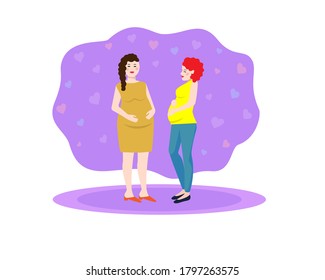 Pregnant women posing with different hairstyles and clothes. Pregnant fashion set. Happy expectant beautiful mother. Motherhood. Vector illustration of a flat design.