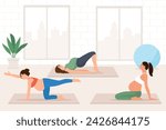 Pregnant women practice yoga. Women doing exercises, meditation, pilates, breathing practice in yoga class. Vector illustration