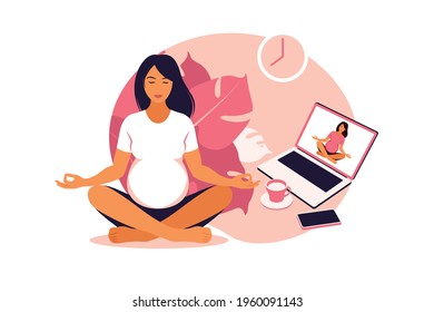 Pregnant Women Practicing Yoga And Meditation Online. Wellness And Healthy Lifestyle In Pregnancy. Vector Illustration. Flat