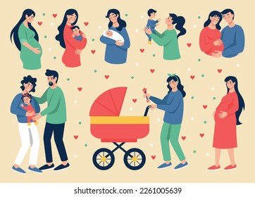 Pregnant women. Pregnancy and maternity. Couple with toddlers. Parents hug. Family holds and cuddling smiling newborn children. Happy mom with infant. Vector tidy cartoon characters set