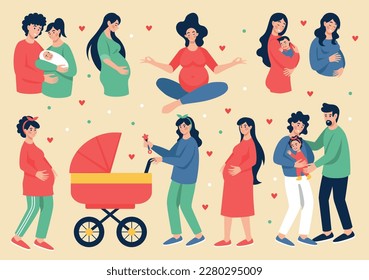 Pregnant women. Pregnancy and maternity. Parents expecting childbirth. Father with baby in stroller. Little newborn children. Couple with toddlers. Vector tidy illustration scenes set