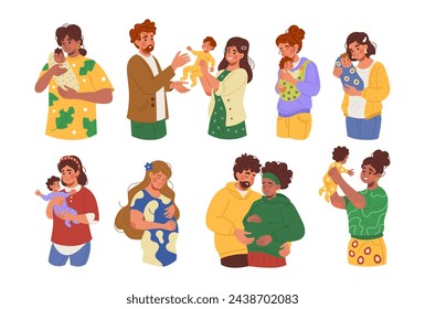 Pregnant women. Pregnancy and maternity. Parents expecting childbirth. Father with baby in stroller. Little newborn children. Couple with toddlers. Happy moms. Vector tidy illustration scenes set