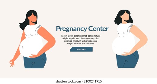 Pregnant women or prenatal mom with big belly for pregnancy concept. Maternity and motherhood landing page or banner. Future young mum with tummy flat vector cartoon illustration. Happy Woman's Day