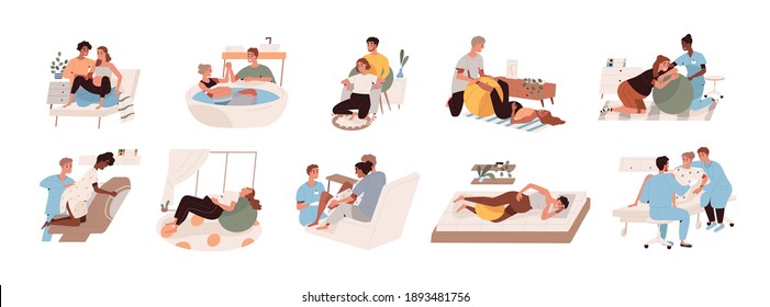 Pregnant women preparing for childbirth at hospital with obstetricians and at home with partner or doula. Female during child delivery. Set of birthing positions flat vector illustration on white