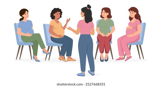 Mulheres Grávidas e Personagens Psicólogos Conversando em Cursos de Preparação para o Parto. Apoio à gestação, Ajuda de Psicologia Pré-natal, Maternidade Feliz.  Ilustração de vetor