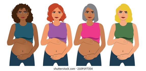pregnant women set, pregnant women of different ages and ethnicities, women illustration