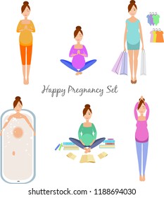 Pregnant women set. Many views of pregnant. Pregnant woman does yoga, goes shopping, takes a bath, reads books, smiles happy.