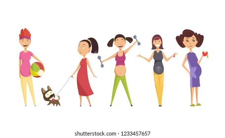 Pregnant women set. Many views of pregnant. Smile happy, walking with dog, eating apple, exercise. Vector illustrations isolated.