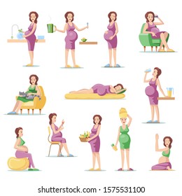 Pregnant women set. Smile happy, drink juice from a glass, sitting on an armchair, holds vegetable tray, eating,  doing yoga, talking on the phon, exercise and sleeping. Vector illustrations isolated.