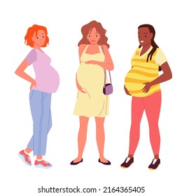 Pregnant women set vector illustration. Cartoon future mothers wearing casual clothes, young woman holding belly with hands, female characters standing together and smiling isolated on white