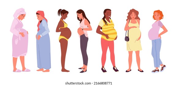 Pregnant women set vector illustration. Cartoon diverse group of female characters with different ethnicity and pregnancy, future mothers with belly wear casual clothes, underwear isolated on white