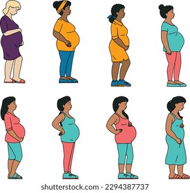 Pregnant women set. Vector illustration in flat style on white background. Set off people