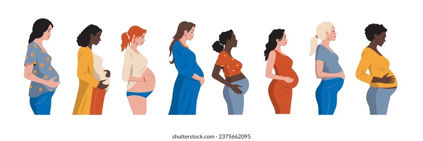 Mujeres embarazadas. Mujer que espera un bebé, madre que sostiene a un recién nacido, maternidad multicultural con diversas ropas y accesorios. Conjunto de vectores. Madres felices de pie y sosteniendo panza, esperando a un niño