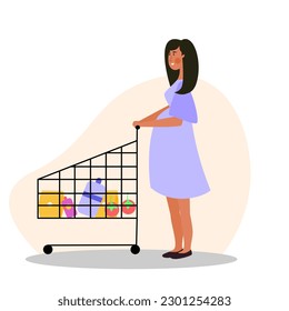 Pregnant women shopping using trolley in supermarket illustration. Beautiful young pregnant girl shopping vegetables at market vector illustration.