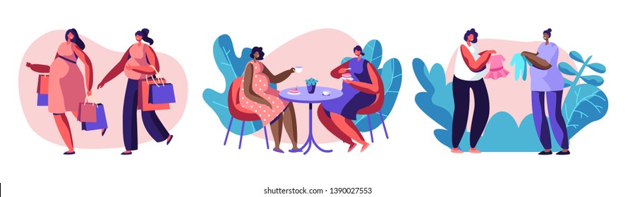 Pregnant Women Spend Time Together Going Shopping, Visiting Cafe, Buying Clothing for Baby, Meeting Friends. Female Characters Happy Healthy Pregnancy Lifestyle. Cartoon Flat Vector Illustration