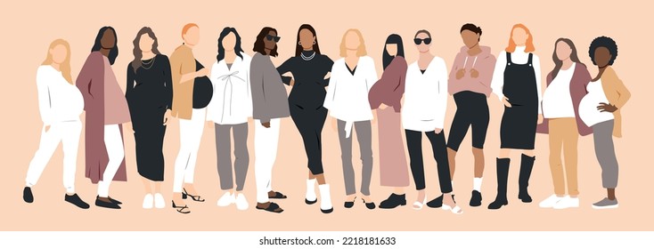 Pregnant women stand together. Flat vector illustration.