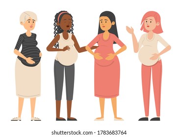 Pregnant women standing together vector isolated. Young mothers expecting babies. Happy female character holding belly.