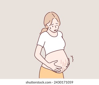 Pregnant women with stretch marks on the stomach. Hand drawn style vector design illustrations.