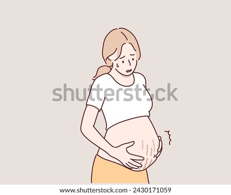 Pregnant women with stretch marks on the stomach. Hand drawn style vector design illustrations.