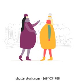 Pregnant Women Talking on the city street. Winter Season. Happy pregnancy. Vector illustration