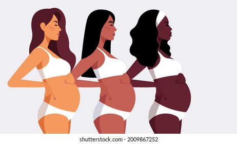 Pregnant women. Three realistic pretty women with tummy. Beautiful girls, diversity, different ethnicity. Beauties dressed in white underwear. Touching the belly. Side view. Perfect vector.