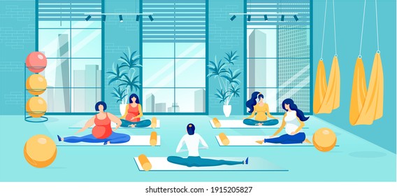 Pregnant Women Training on Yoga Courses Cartoon. Future Mothers Support, Parenthood Club. Time for Fitness and Sport during Pregnancy. Ladies Doing Active Physical Exercises. Vector Flat Illustration