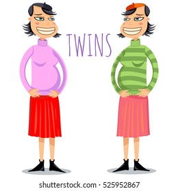 Pregnant women twins. Cartoon vector illustration on a white background.
