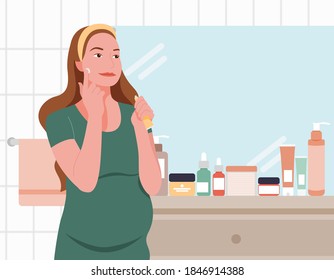 pregnant women using skincare that is safe for pregnant women in the bathroom vector illustration. used for promotion and social media image