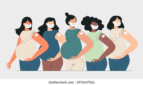 Pregnant women vaccination Health care concept. Diverse mothers after vaccine injection in shoulder. Pregnant getting vaccine shot. Women in face mask showing heart bandage. Flat vector illustration 