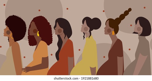 pregnant women various hairstyles set collection seen from side with cartoon flat style