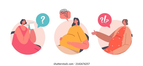Pregnant Women Visit Support Courses Isolated Round Icons or Avatars. Childbirth Psychology Assistance, Couch Female Character Speak About Pregnancy and Maternity. Cartoon People Vector Illustration