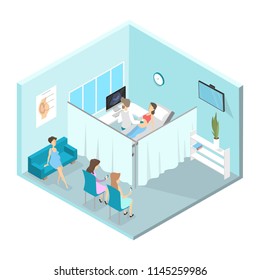 Pregnant women visiting doctor. Woman is examined by professional. Checking belly by ultrasound. Patients waiting in line. Gynecology hospital interior. Isolated isometric vector illustration
