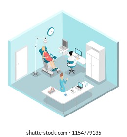 Pregnant women visiting doctor. Woman is examined by professional. Making analysis in the lab. Gynecology hospital interior. Isolated isometric vector illustration