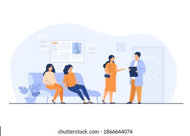 Pregnant women waiting at doctor office in clinic, sitting on couch or consulting specialist. Vector illustration for motherhood, pregnancy maintenance, prenatal care concept