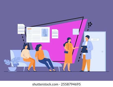 Pregnant women waiting at doctor office in clinic, sitting on couch or consulting specialist. Vector illustration for motherhood, pregnancy maintenance, prenatal care concept