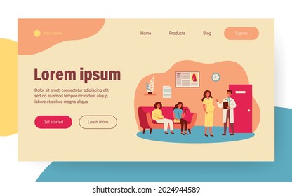 Pregnant women waiting in queue to doctor office flat vector illustration. Cartoon ladies in hospital or clinic for consultation with specialist. Motherhood and pregnancy concept