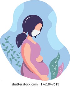 A pregnant women is wearing mask and looking at her belly 