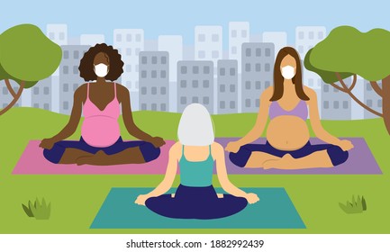 Pregnant women wearing protective masks doing yoga class outdoors in park