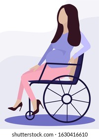 pregnant women is in wheelchair. She has trendy clothes and shoes. Full happy life. woman’s health or inclusion, equal rights concept. Motherhood, Maternity. Flat Vector Illustration