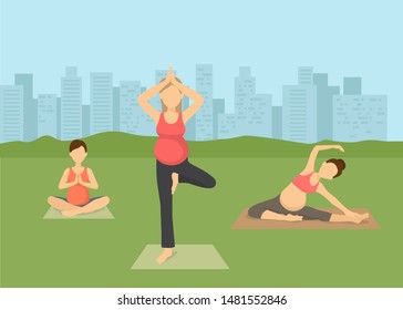 Pregnant women yoga in city vector illustration. Prenatal yoga, pilates class on green grass with cityscape. Female flat characters exercising, yogi sitting in lotus pose namaste.