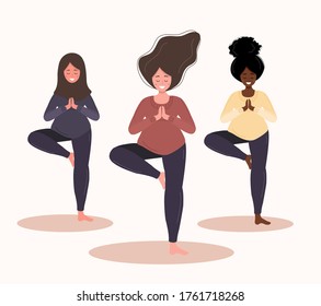 Pregnant women in yoga position. Modern vector illustration in flat style isolated on white background. Collection healthy lifestyle and relaxation. Happy pregnancy concept.