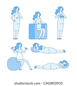 Pregnant women. Young woman expectant mom lying eating doing exercises happy pregnancy line vector set